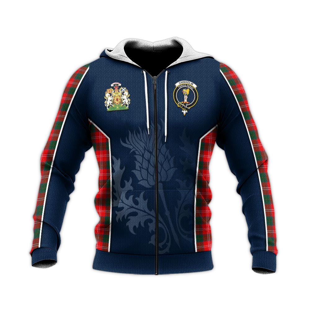 Tartan Vibes Clothing Chisholm Modern Tartan Knitted Hoodie with Family Crest and Scottish Thistle Vibes Sport Style