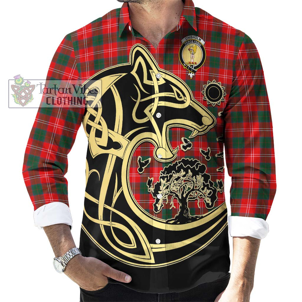 Chisholm Modern Tartan Long Sleeve Button Shirt with Family Crest Celtic Wolf Style - Tartan Vibes Clothing