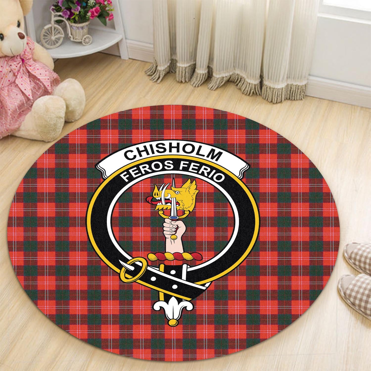 Chisholm Modern Tartan Round Rug with Family Crest - Tartanvibesclothing