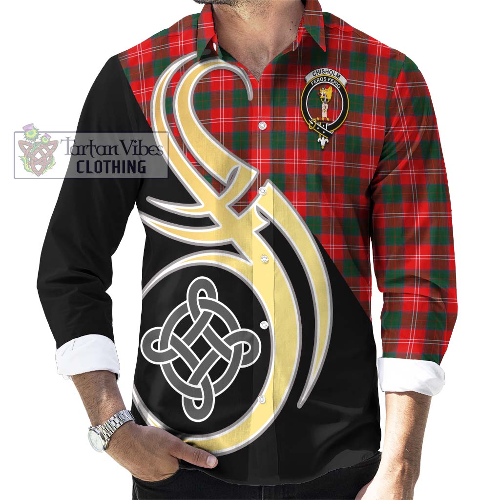 Chisholm Modern Tartan Long Sleeve Button Shirt with Family Crest and Celtic Symbol Style - Tartan Vibes Clothing