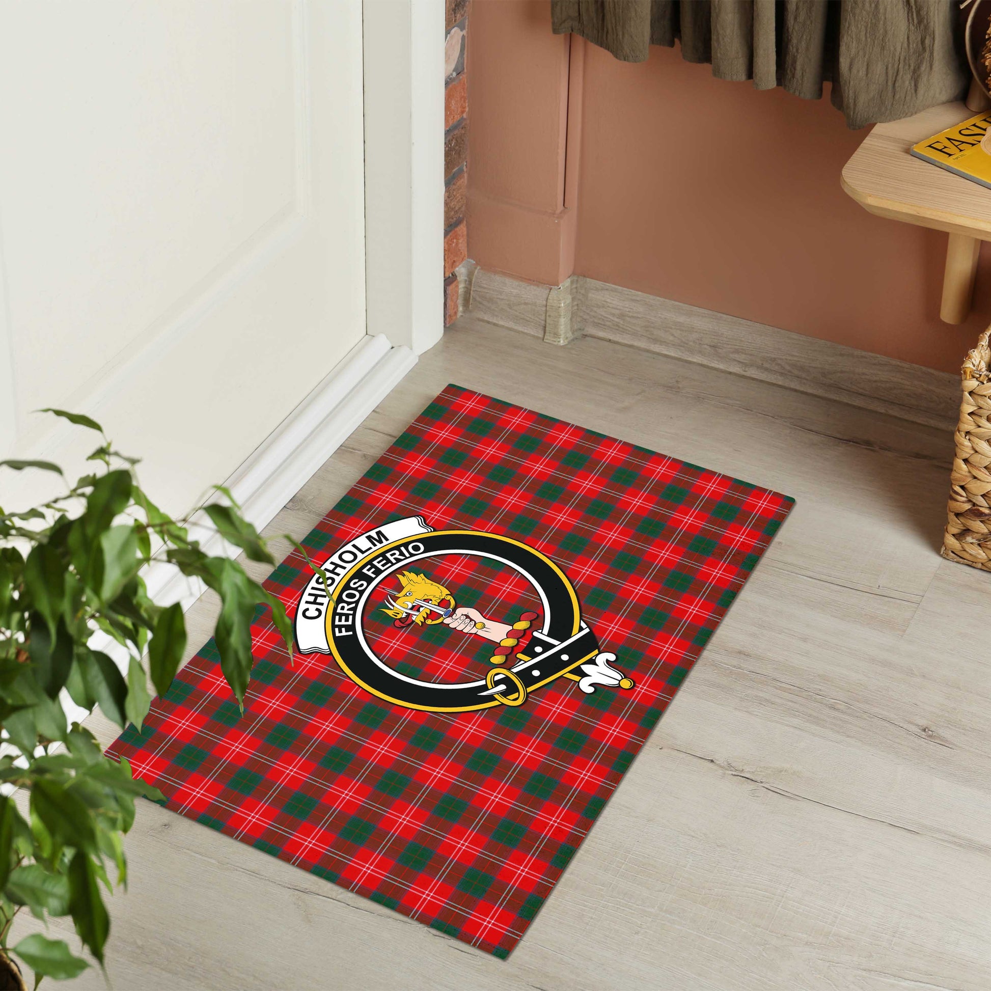 Chisholm Modern Tartan Door Mat with Family Crest - Tartanvibesclothing