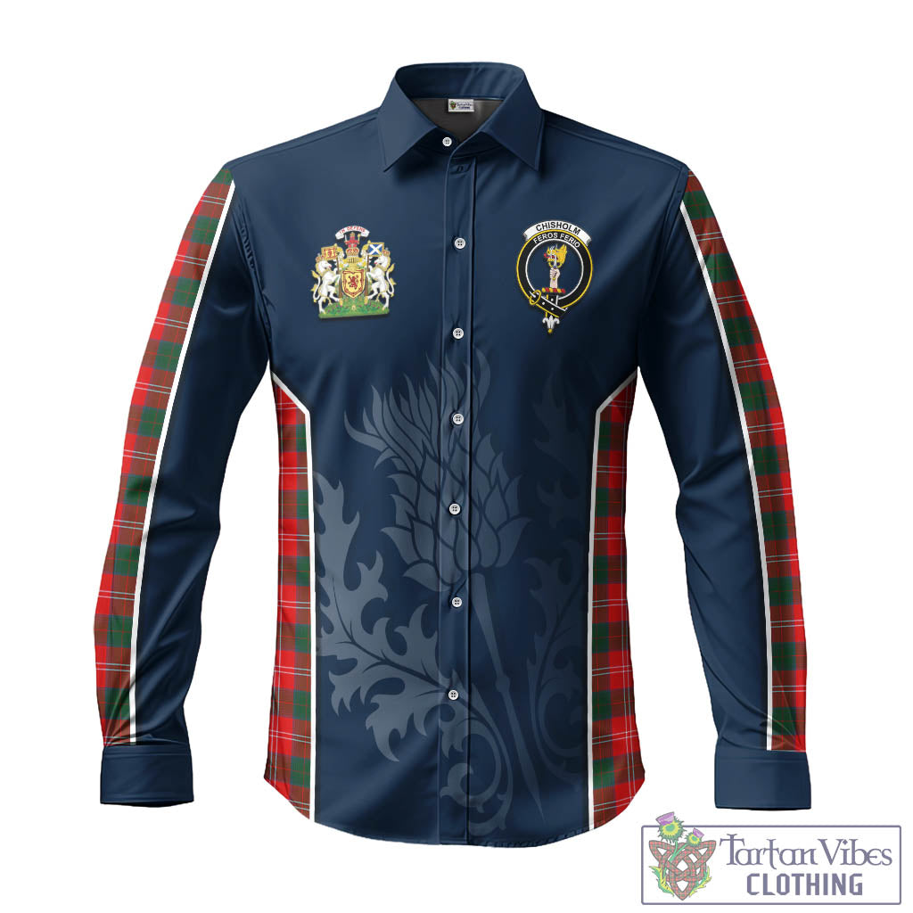 Tartan Vibes Clothing Chisholm Modern Tartan Long Sleeve Button Up Shirt with Family Crest and Scottish Thistle Vibes Sport Style