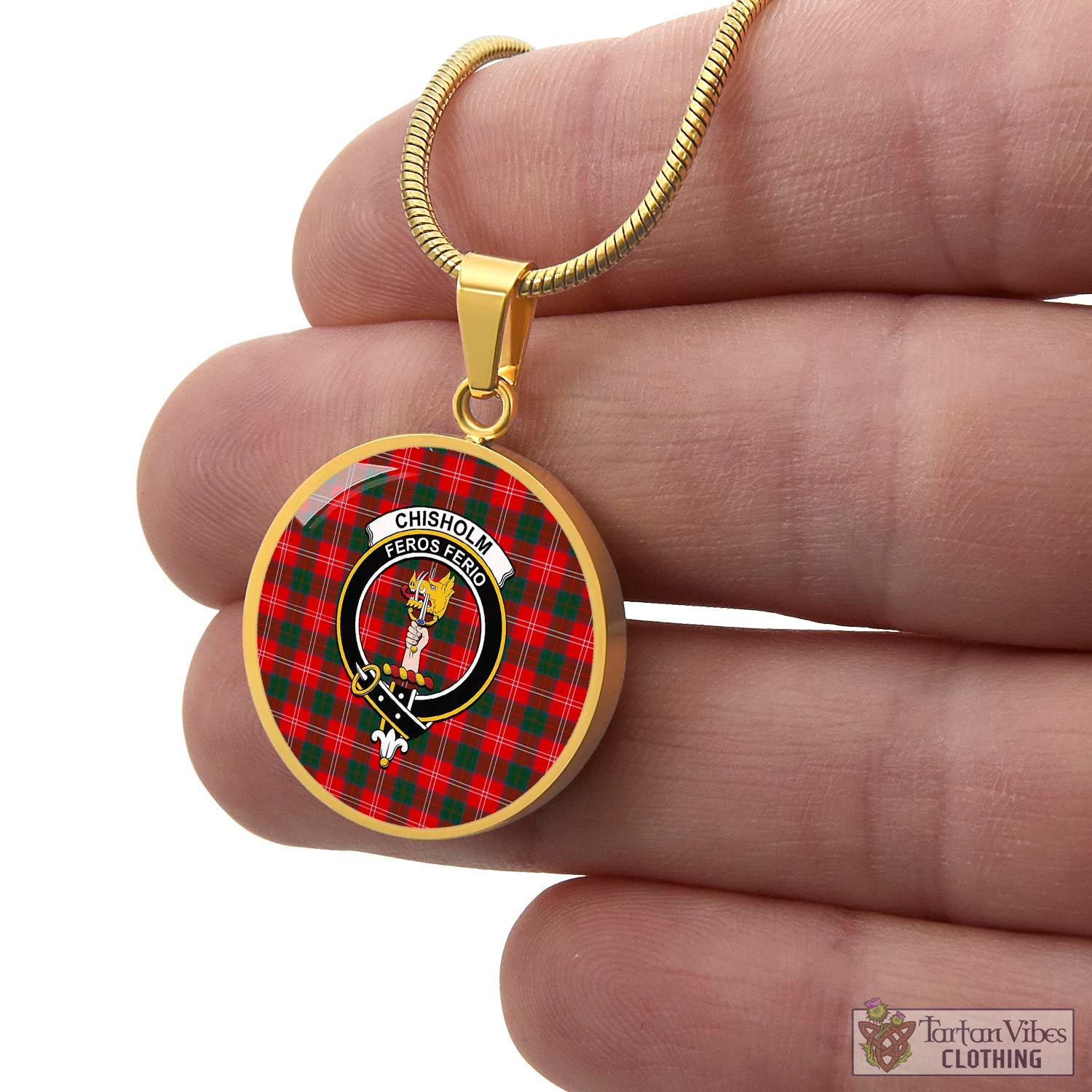 Tartan Vibes Clothing Chisholm Modern Tartan Circle Necklace with Family Crest