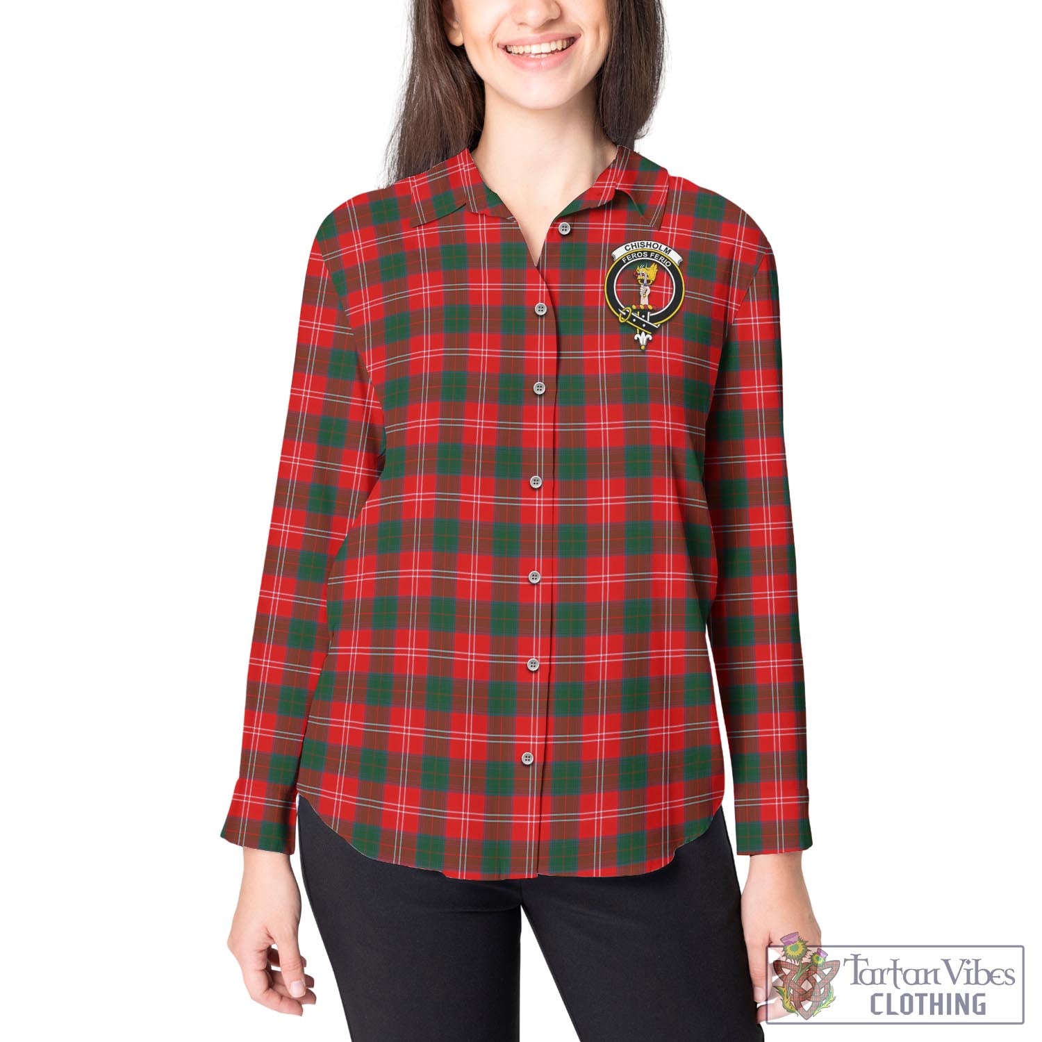 Tartan Vibes Clothing Chisholm Modern Tartan Womens Casual Shirt with Family Crest