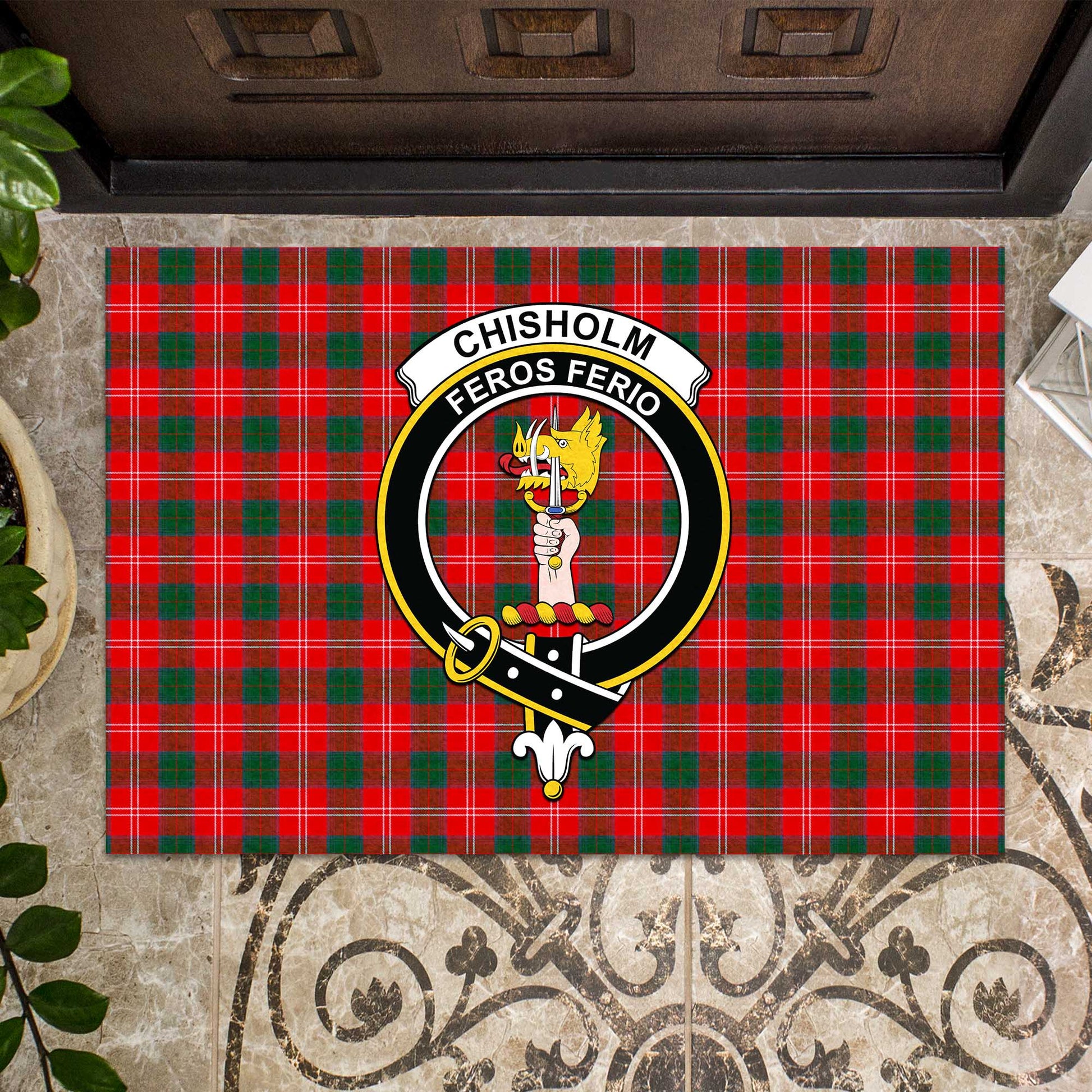 Chisholm Modern Tartan Door Mat with Family Crest - Tartanvibesclothing