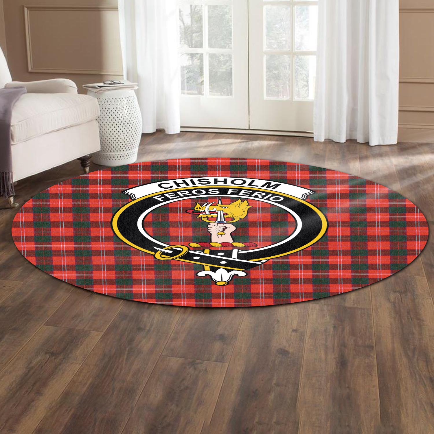 Chisholm Modern Tartan Round Rug with Family Crest - Tartanvibesclothing