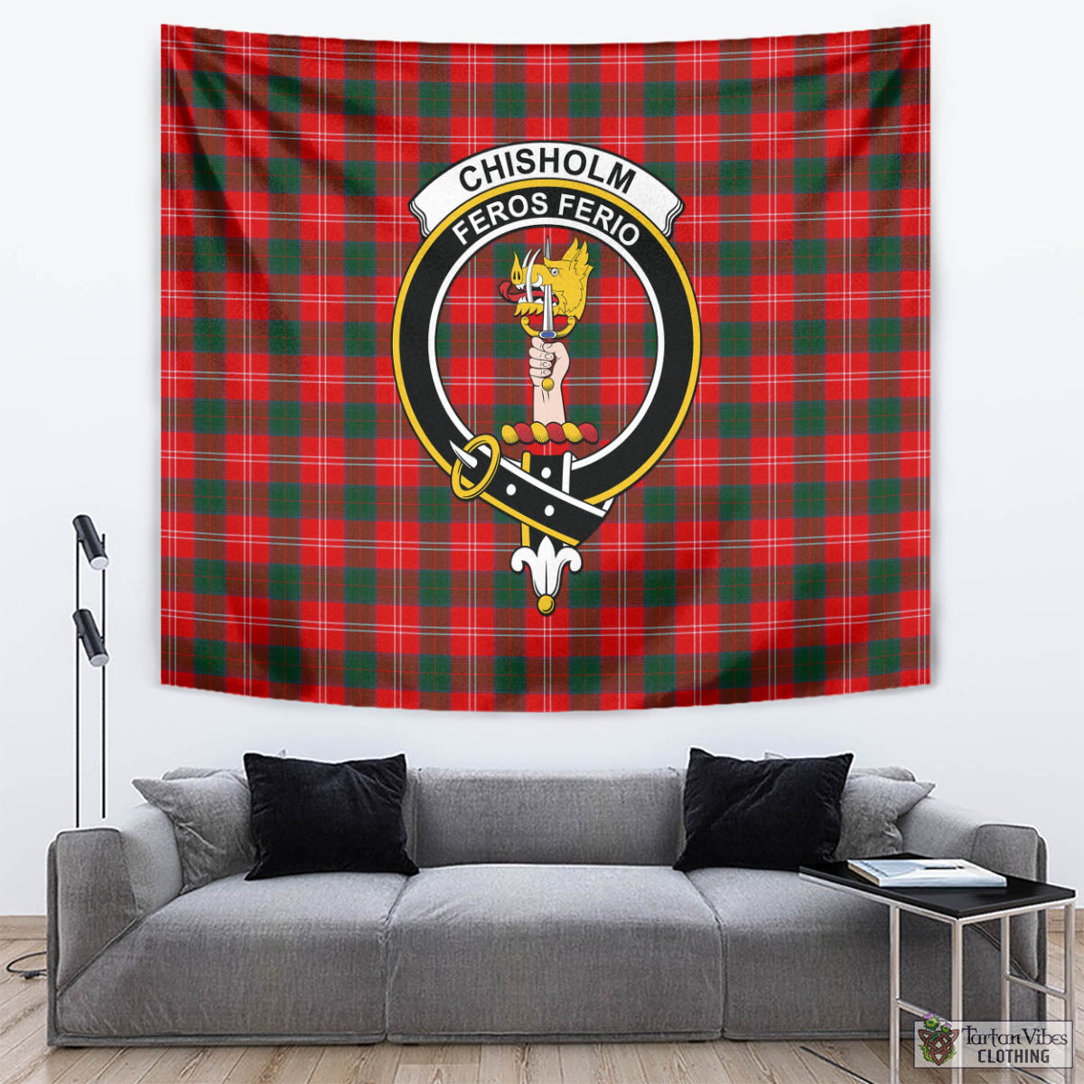 Tartan Vibes Clothing Chisholm Modern Tartan Tapestry Wall Hanging and Home Decor for Room with Family Crest