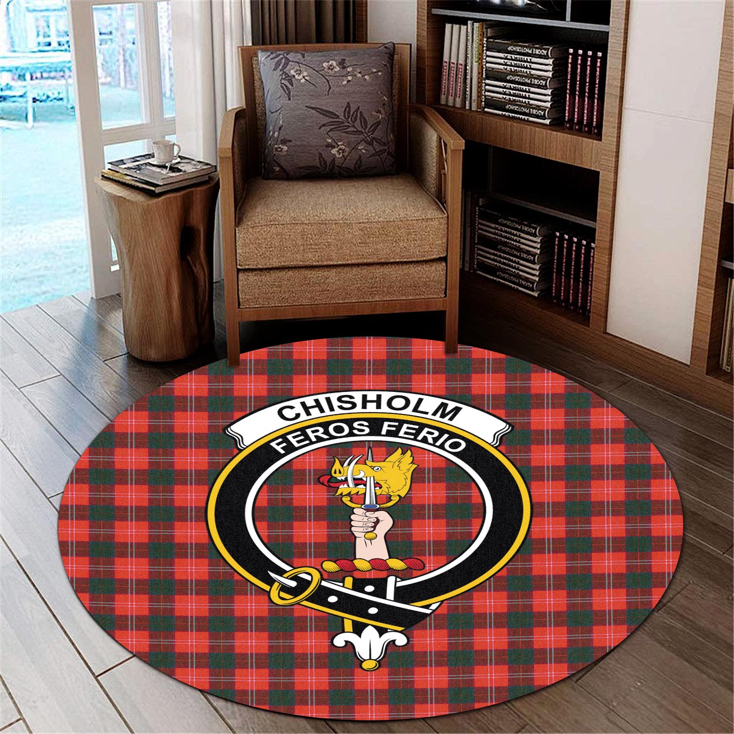 Chisholm Modern Tartan Round Rug with Family Crest - Tartanvibesclothing