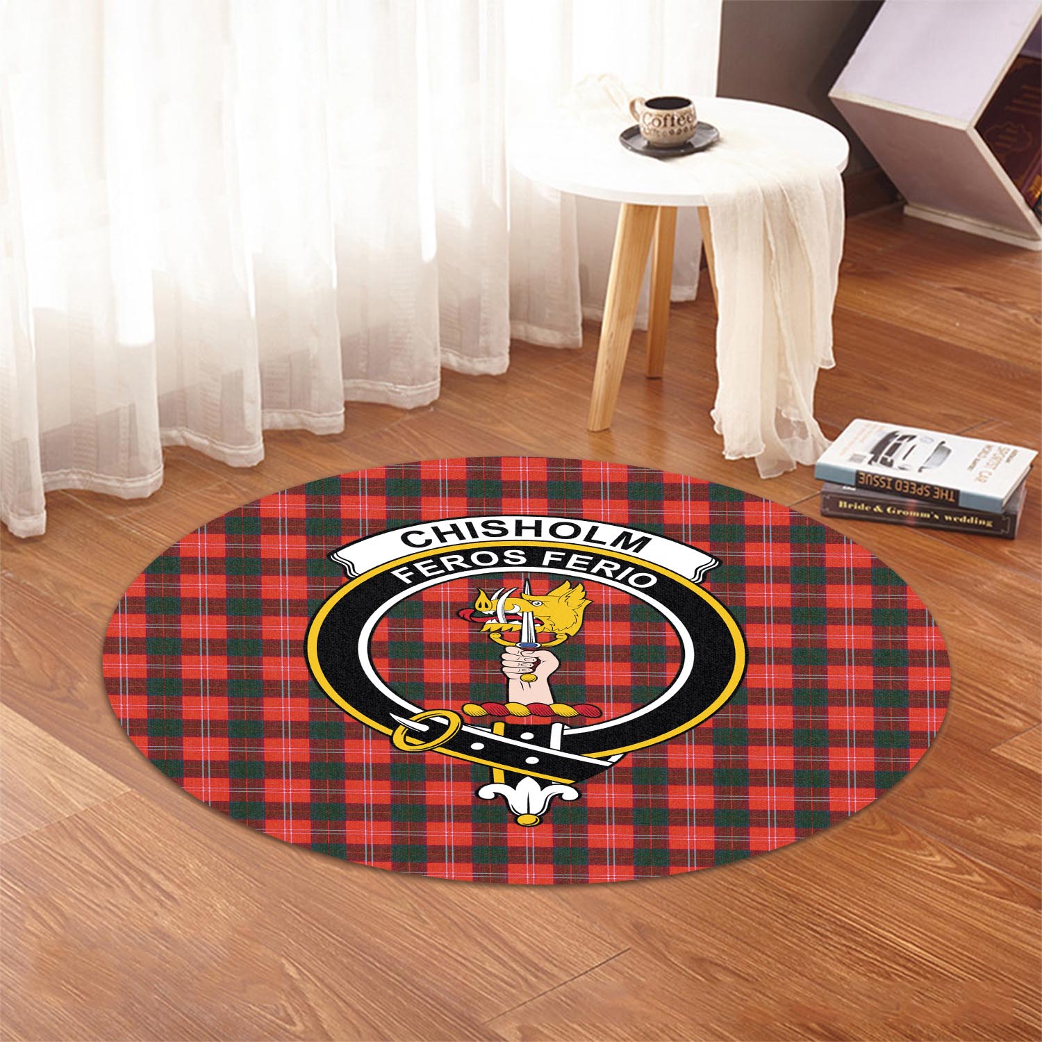 Chisholm Modern Tartan Round Rug with Family Crest - Tartanvibesclothing