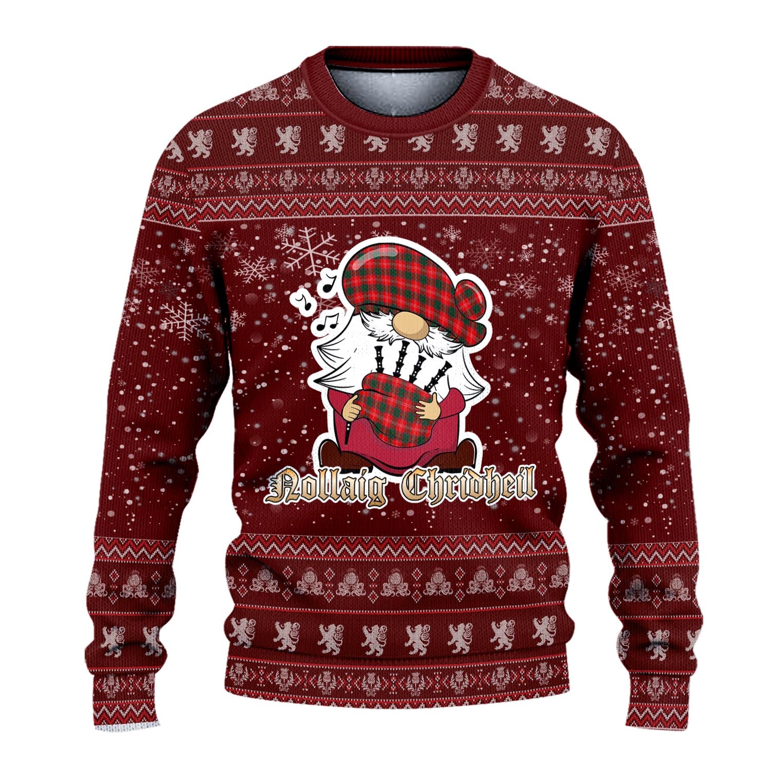 Chisholm Modern Clan Christmas Family Knitted Sweater with Funny Gnome Playing Bagpipes - Tartanvibesclothing