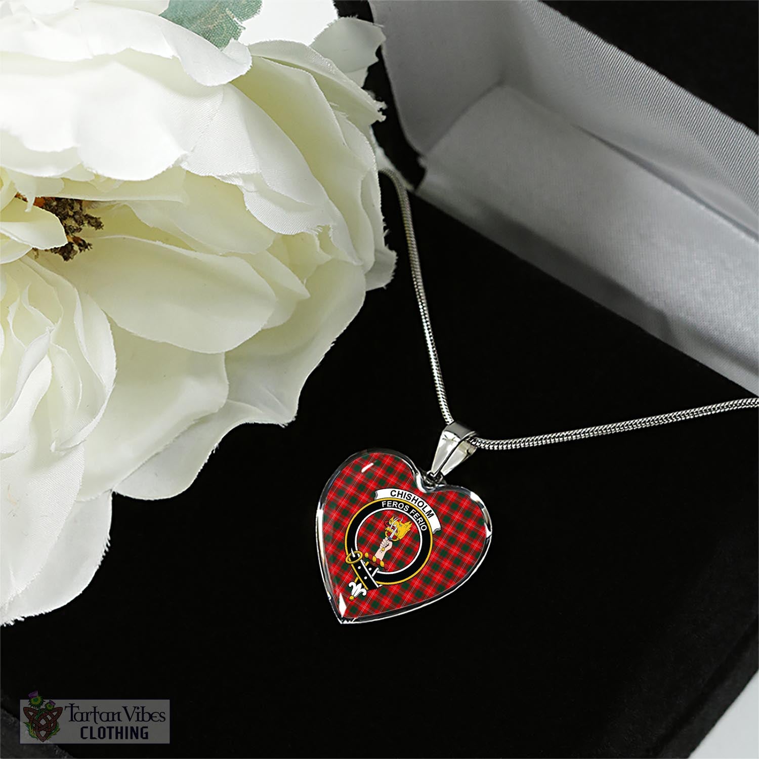 Tartan Vibes Clothing Chisholm Modern Tartan Heart Necklace with Family Crest