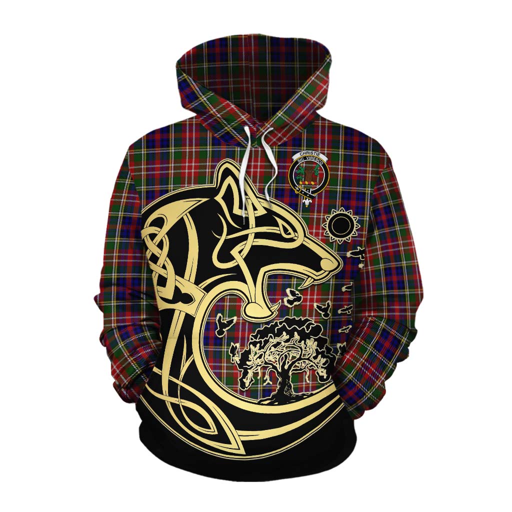 Tartan Vibes Clothing Christie Tartan Cotton Hoodie with Family Crest Celtic Wolf Style