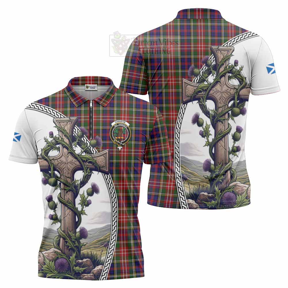 Tartan Vibes Clothing Christie Tartan Zipper Polo Shirt with Family Crest and St. Andrew's Cross Accented by Thistle Vines