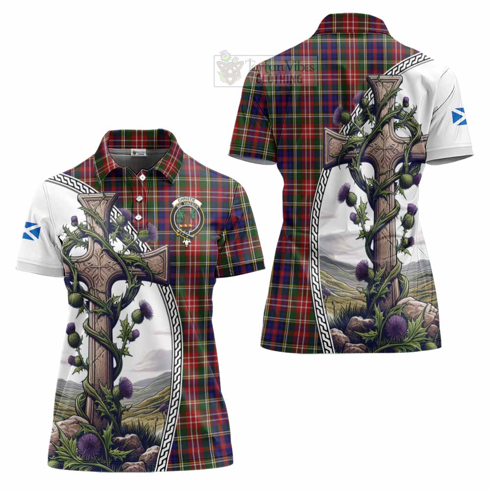 Tartan Vibes Clothing Christie Tartan Women's Polo Shirt with Family Crest and St. Andrew's Cross Accented by Thistle Vines