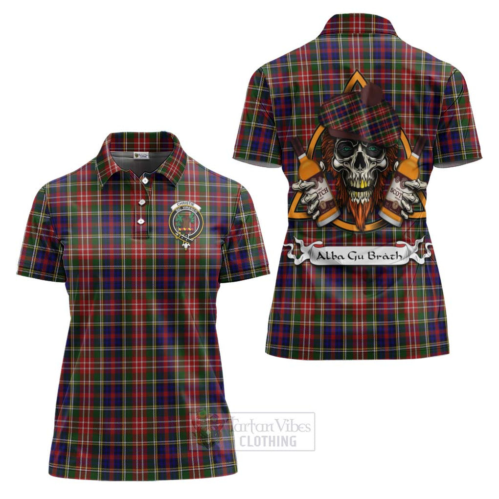 Tartan Vibes Clothing Christie Tartan Women's Polo Shirt with Family Crest and Bearded Skull Holding Bottles of Whiskey