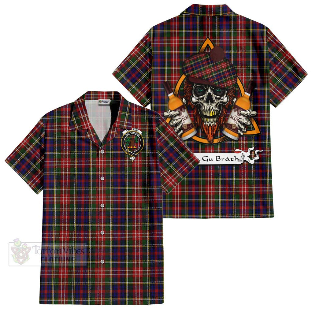 Tartan Vibes Clothing Christie Tartan Short Sleeve Button Shirt with Family Crest and Bearded Skull Holding Bottles of Whiskey