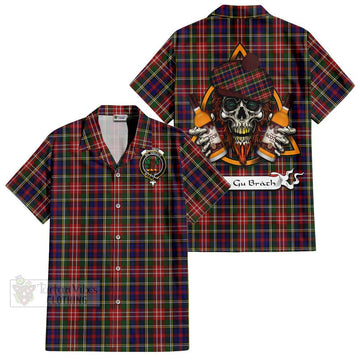 Christie Tartan Short Sleeve Button Shirt with Family Crest and Bearded Skull Holding Bottles of Whiskey