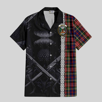 Christie Tartan Short Sleeve Button Shirt with Family Crest Cross Sword Thistle Celtic Vibes