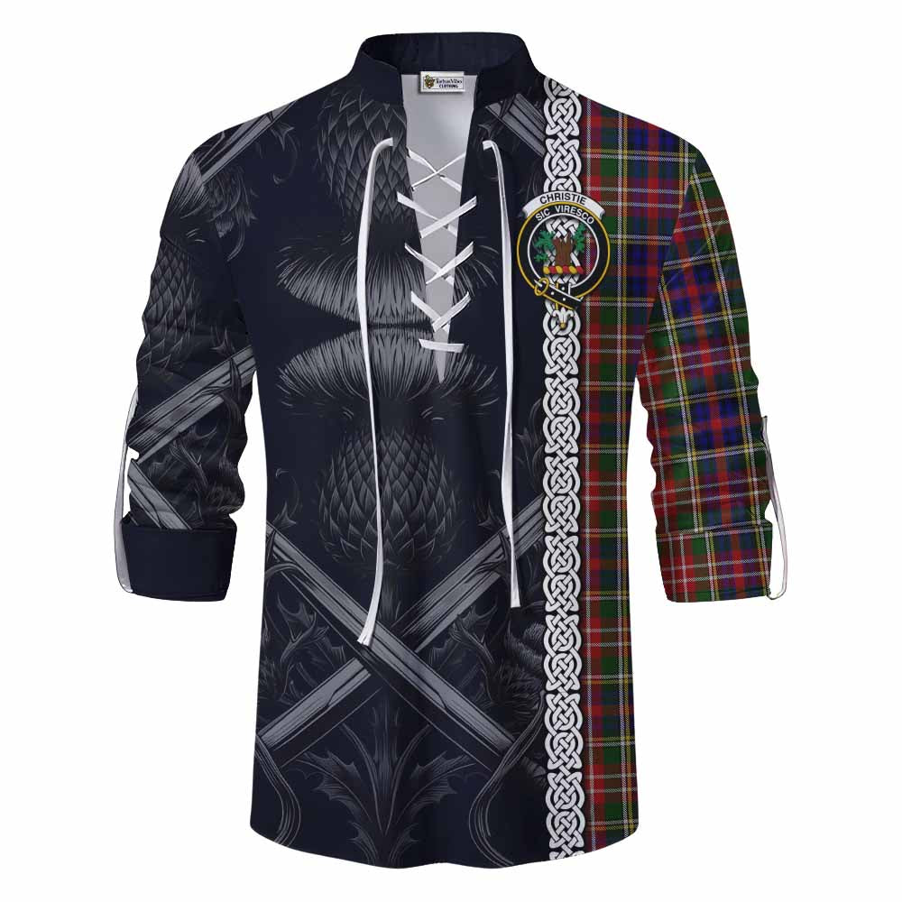 Tartan Vibes Clothing Christie Tartan Ghillie Kilt Shirt with Family Crest Cross Sword Thistle Celtic Vibes