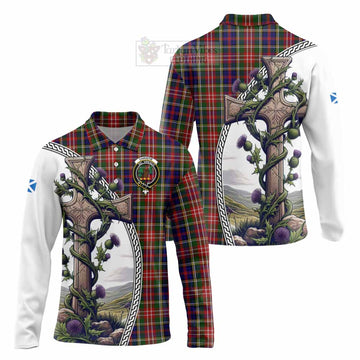 Christie Tartan Long Sleeve Polo Shirt with Family Crest and St. Andrew's Cross Accented by Thistle Vines Unisex - Tartan Vibes Clothing
