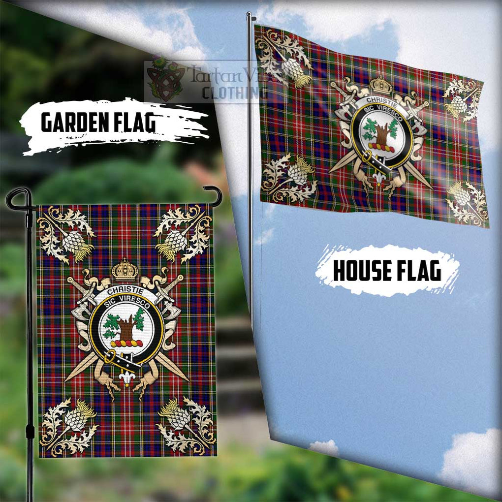 Tartan Vibes Clothing Christie Tartan Flag with Family Crest and Golden Thistle Crossed Sword Design