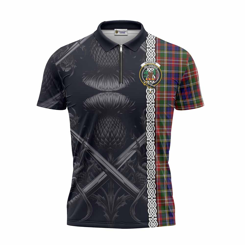 Tartan Vibes Clothing Christie Tartan Zipper Polo Shirt with Family Crest Cross Sword Thistle Celtic Vibes