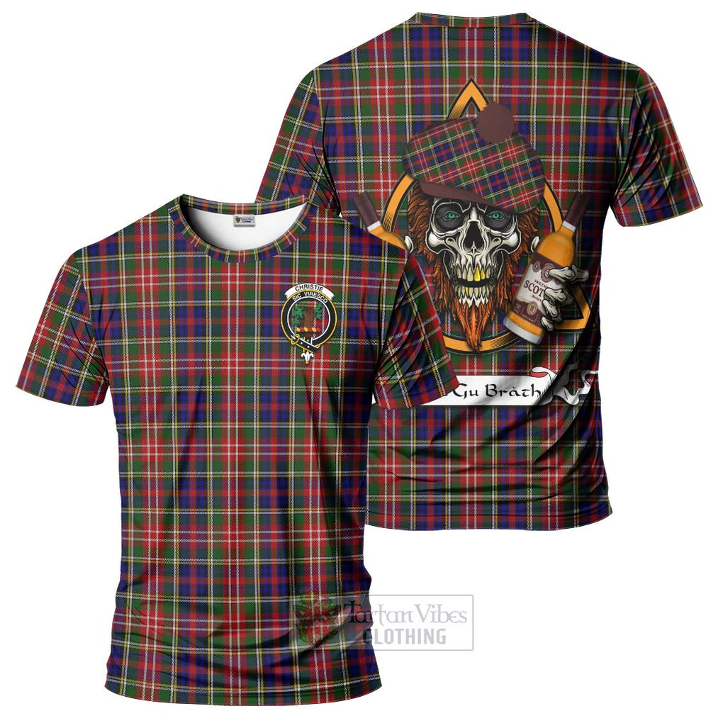 Tartan Vibes Clothing Christie Tartan T-Shirt with Family Crest and Bearded Skull Holding Bottles of Whiskey