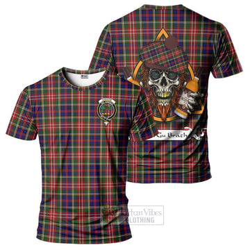 Christie Tartan T-Shirt with Family Crest and Bearded Skull Holding Bottles of Whiskey