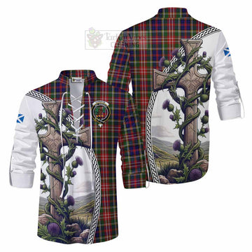 Christie Tartan Ghillie Kilt Shirt with Family Crest and St. Andrew's Cross Accented by Thistle Vines