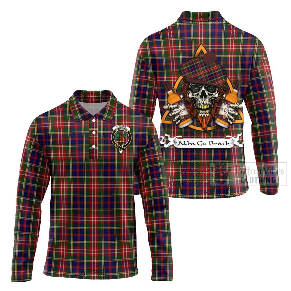 Tartan Vibes Clothing Christie Tartan Long Sleeve Polo Shirt with Family Crest and Bearded Skull Holding Bottles of Whiskey