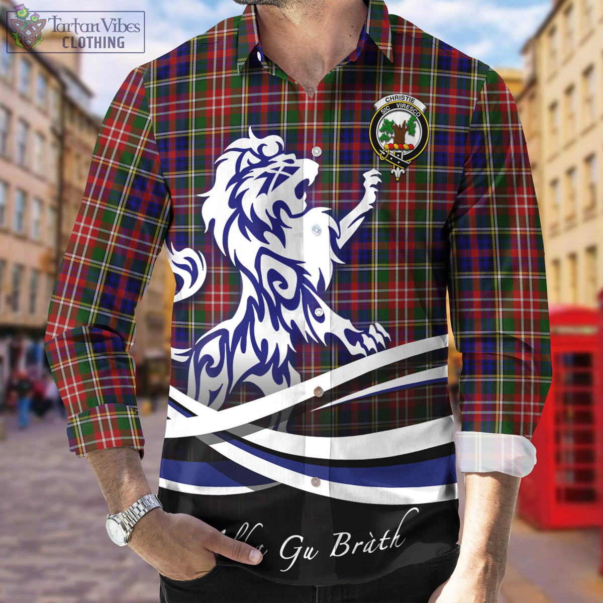 Christie Tartan Long Sleeve Button Up Shirt with Alba Gu Brath Regal Lion Emblem Men's Shirt - Tartan Vibes Clothing