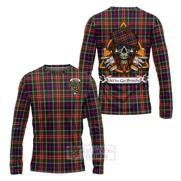 Christie Tartan Long Sleeve T-Shirt with Family Crest and Bearded Skull Holding Bottles of Whiskey