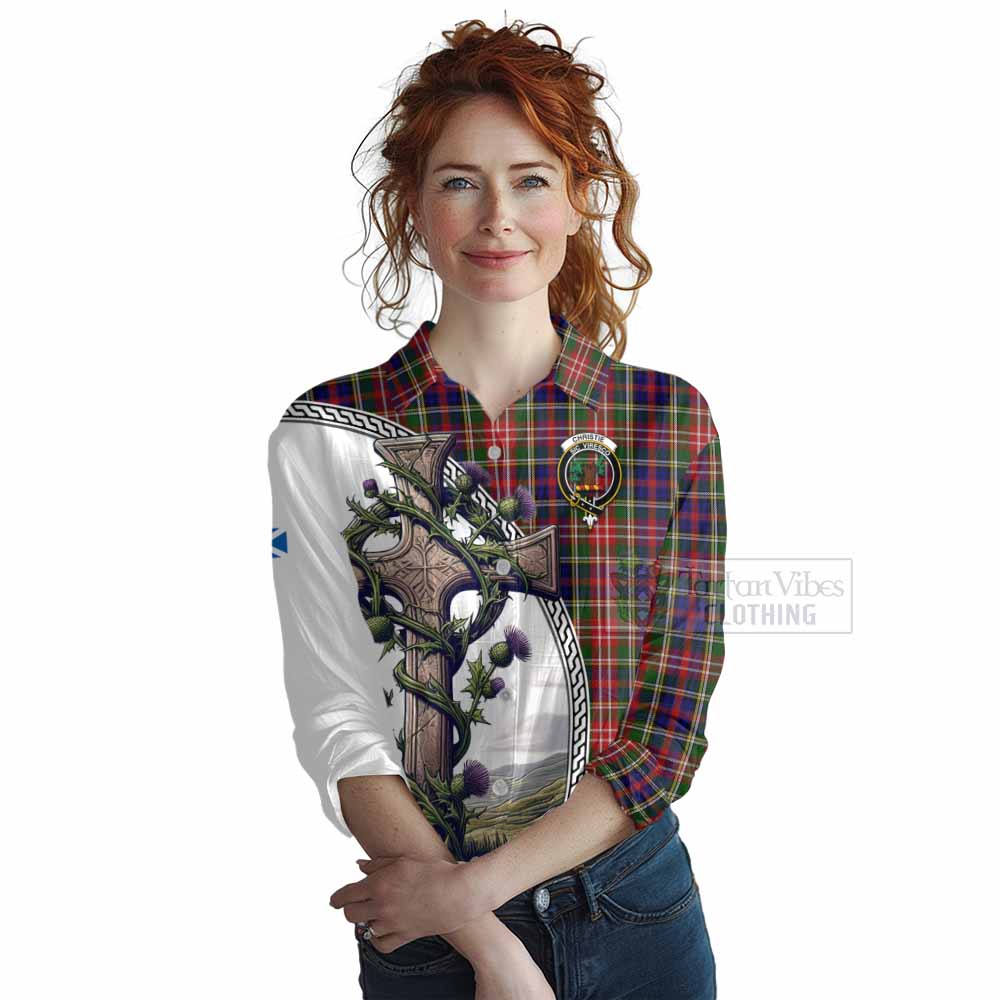 Tartan Vibes Clothing Christie Tartan Women's Casual Shirt with Family Crest and St. Andrew's Cross Accented by Thistle Vines