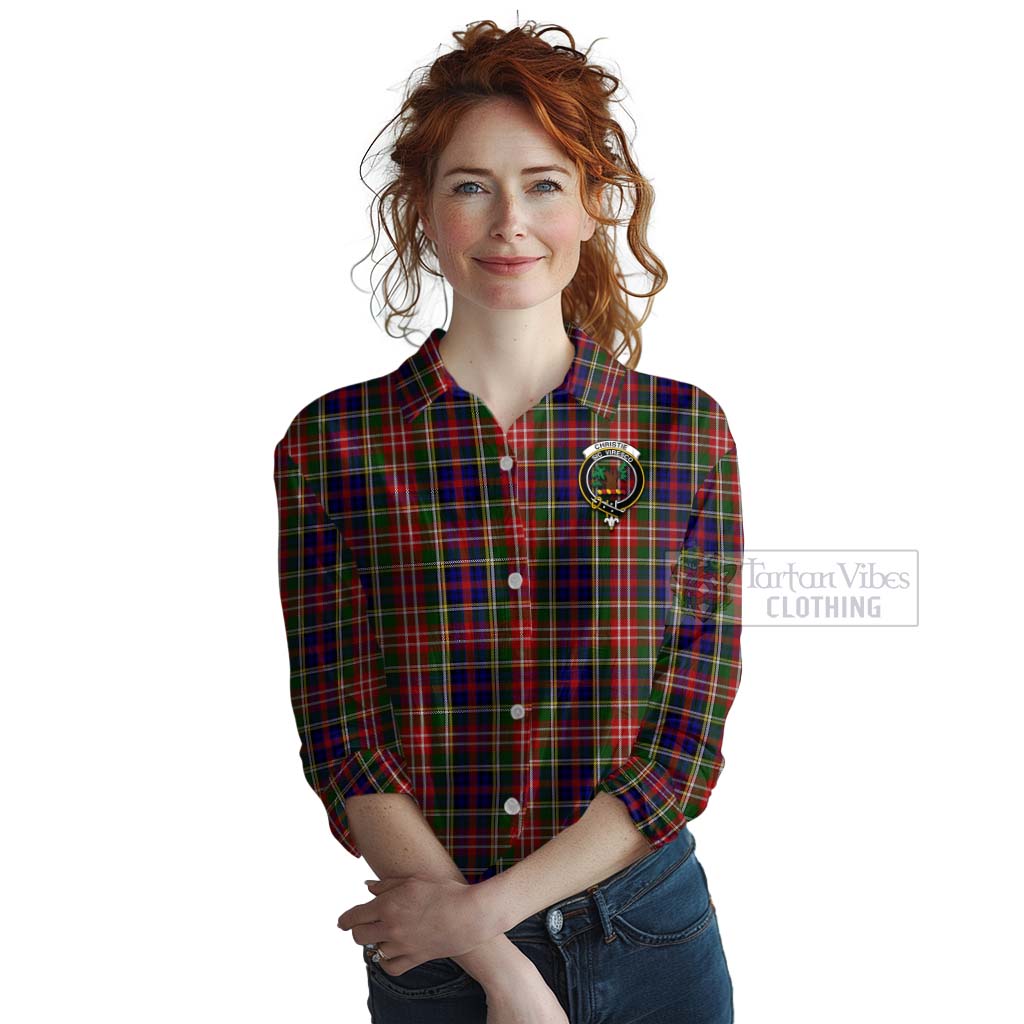 Tartan Vibes Clothing Christie Tartan Women's Casual Shirt with Family Crest and Bearded Skull Holding Bottles of Whiskey