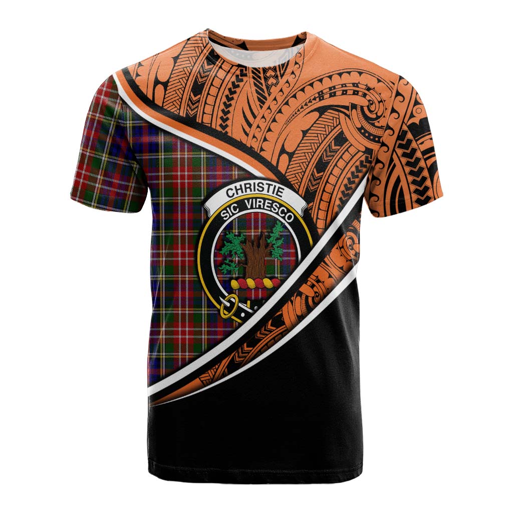 Tartan Vibes Clothing Christie Crest Tartan Cotton T-shirt with Maori Tattoo Style - Orange Version