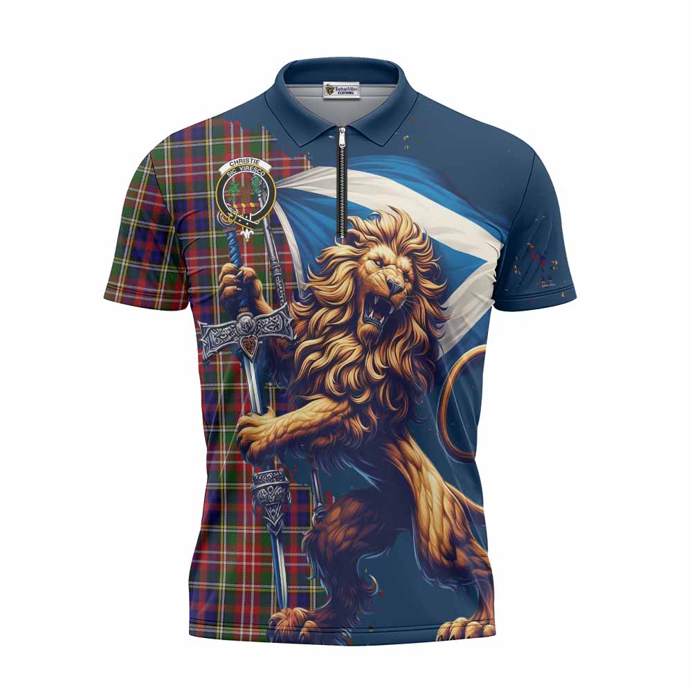 Tartan Vibes Clothing Christie Tartan Family Crest Zipper Polo Shirt with Scottish Majestic Lion