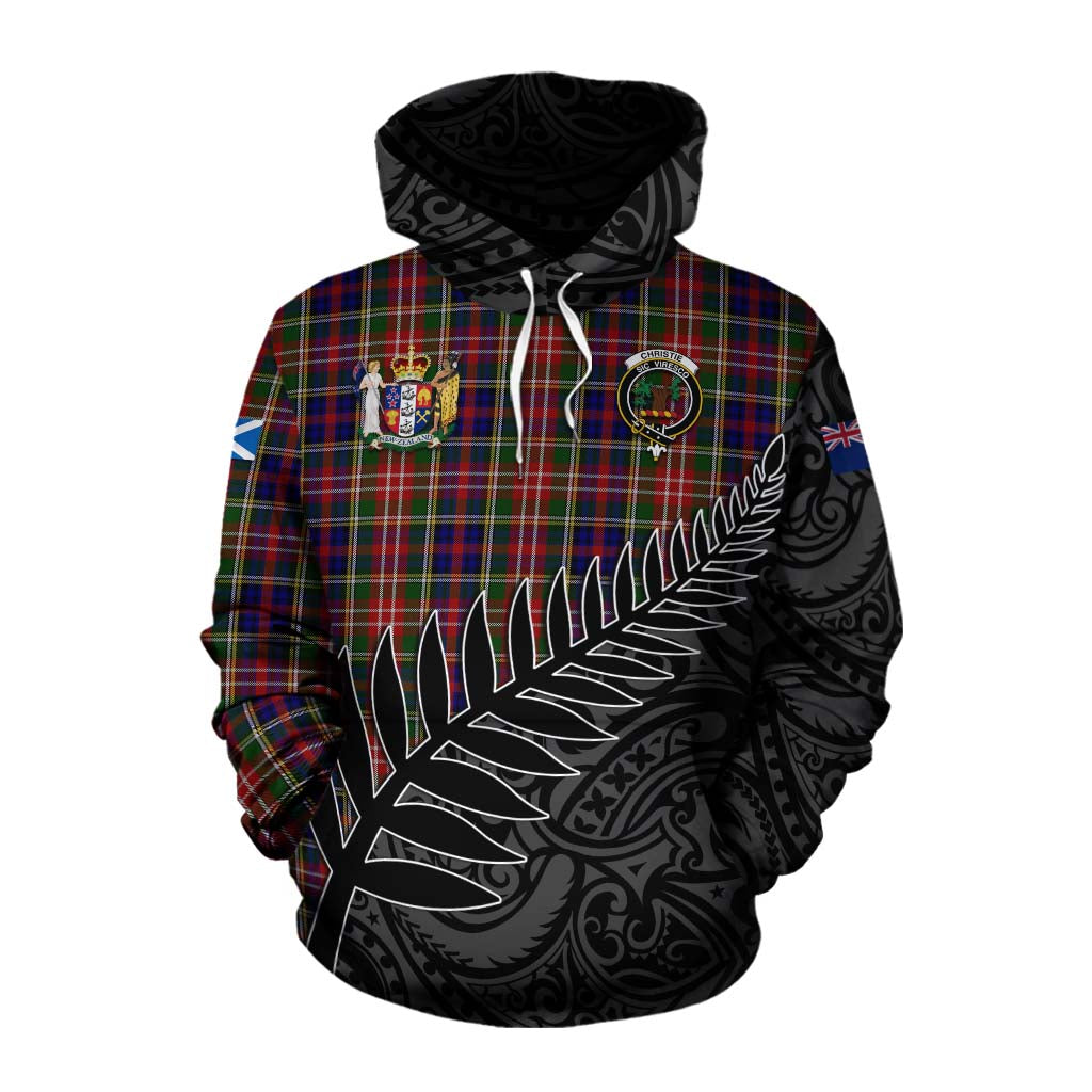 Tartan Vibes Clothing Christie Crest Tartan Cotton Hoodie with New Zealand Silver Fern Half Style