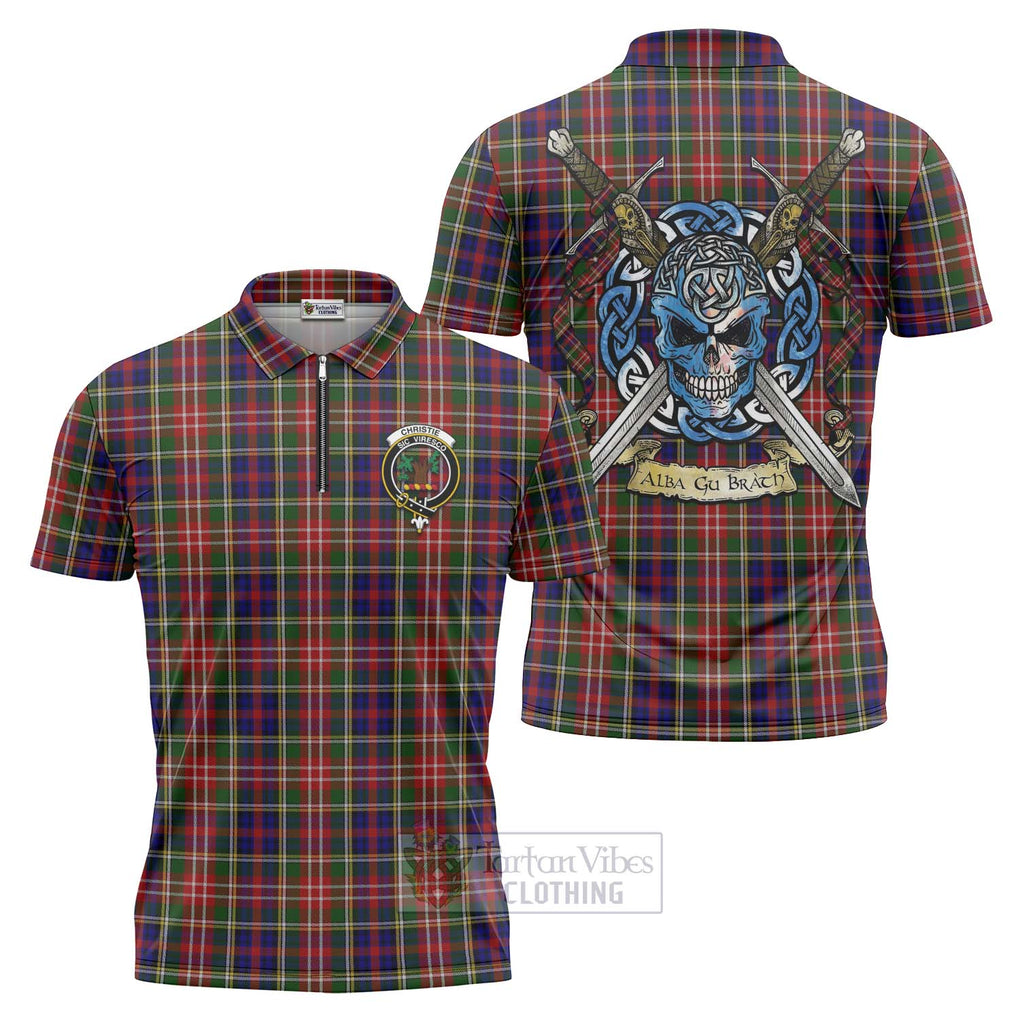 Tartan Vibes Clothing Christie Tartan Zipper Polo Shirt with Family Crest Celtic Skull Style