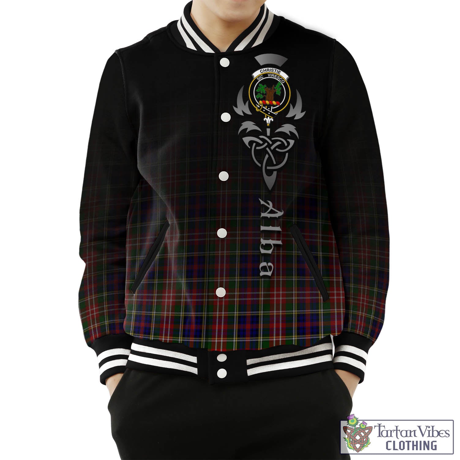 Tartan Vibes Clothing Christie Tartan Baseball Jacket Featuring Alba Gu Brath Family Crest Celtic Inspired