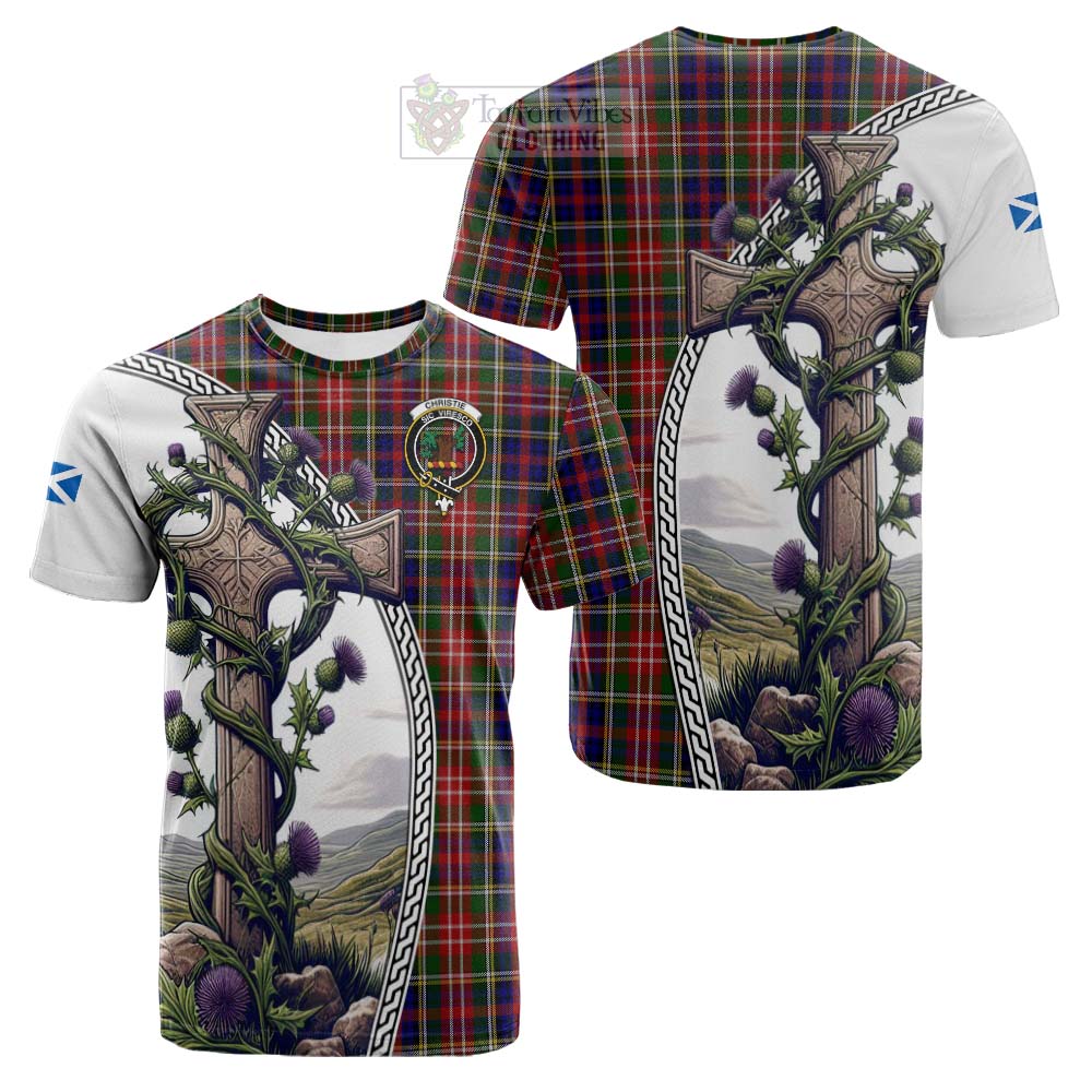 Tartan Vibes Clothing Christie Tartan Cotton T-shirt with Family Crest and St. Andrew's Cross Accented by Thistle Vines