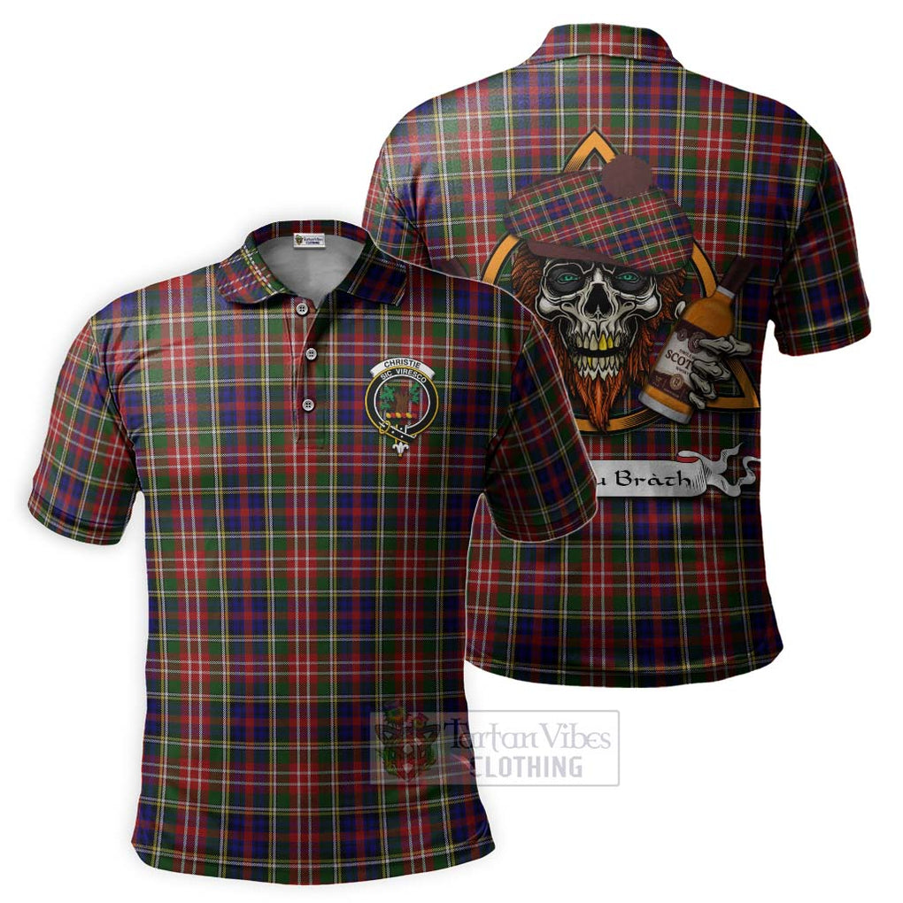 Tartan Vibes Clothing Christie Tartan Polo Shirt with Family Crest and Bearded Skull Holding Bottles of Whiskey