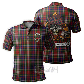 Christie Tartan Polo Shirt with Family Crest and Bearded Skull Holding Bottles of Whiskey