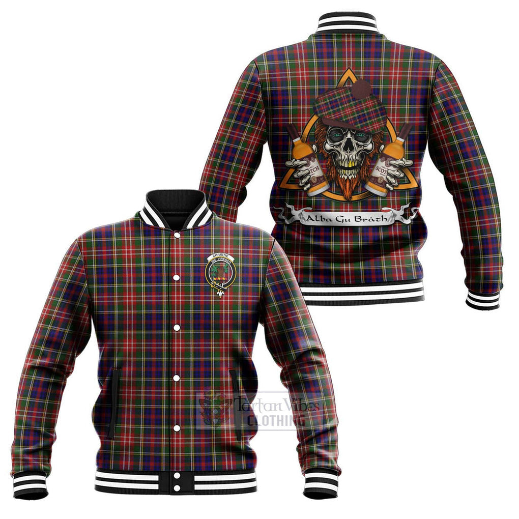 Tartan Vibes Clothing Christie Tartan Baseball Jacket with Family Crest and Bearded Skull Holding Bottles of Whiskey