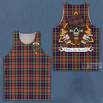 Christie Tartan Men's Tank Top with Family Crest and Bearded Skull Holding Bottles of Whiskey