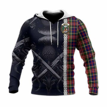 Christie Tartan Knitted Hoodie with Family Crest Cross Sword Thistle Celtic Vibes