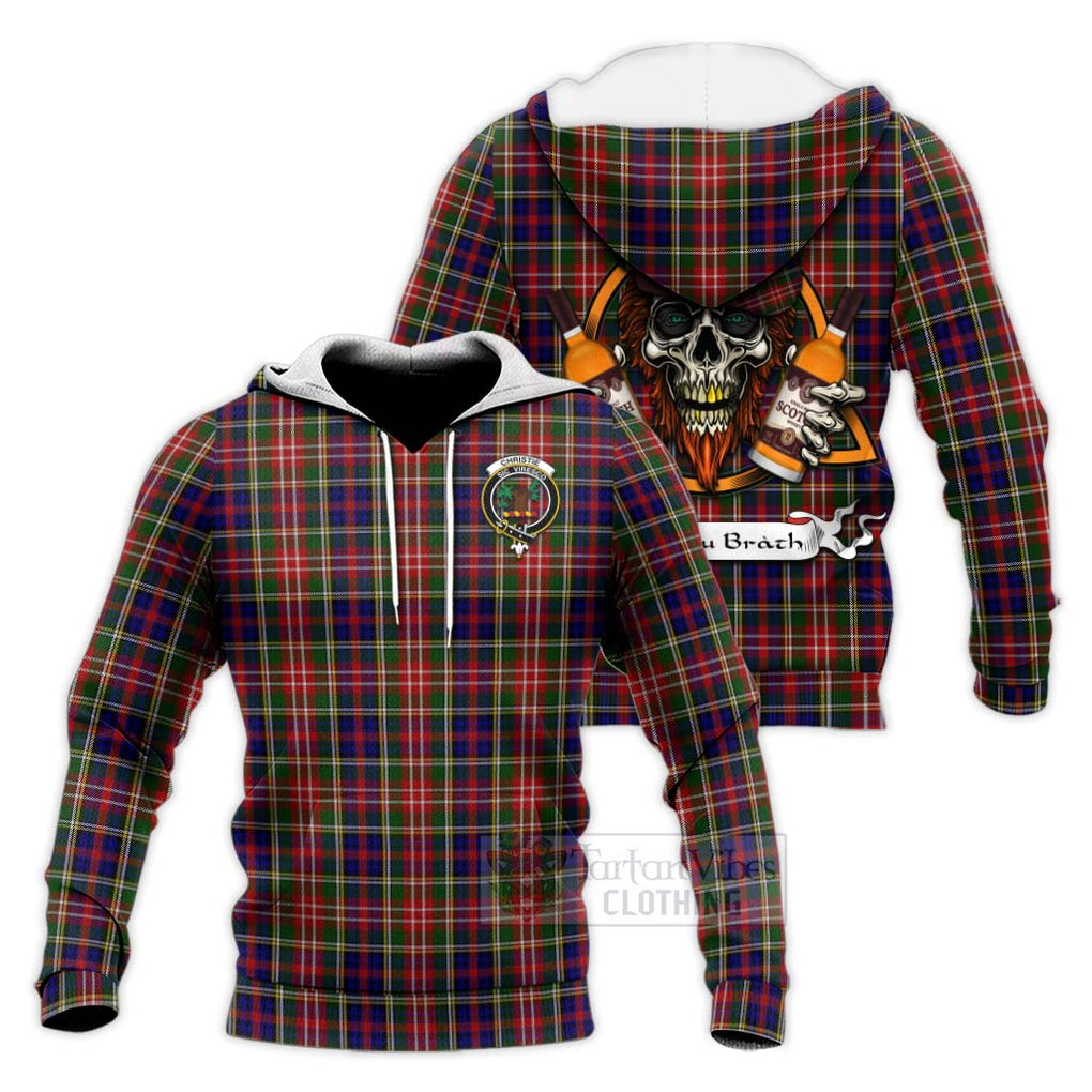 Tartan Vibes Clothing Christie Tartan Knitted Hoodie with Family Crest and Bearded Skull Holding Bottles of Whiskey