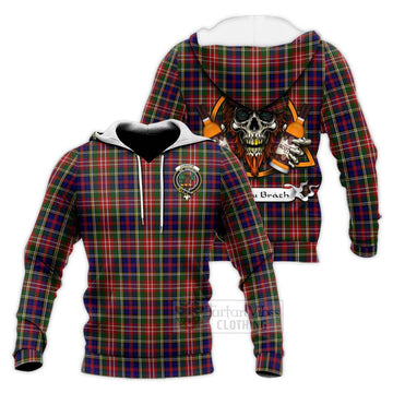 Christie Tartan Knitted Hoodie with Family Crest and Bearded Skull Holding Bottles of Whiskey