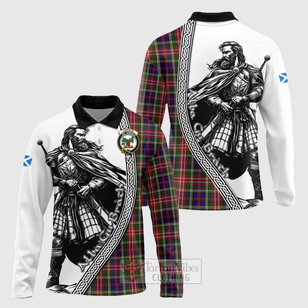 Tartan Vibes Clothing Christie Tartan Clan Crest Long Sleeve Polo Shirt with Highlander Warrior Celtic Style