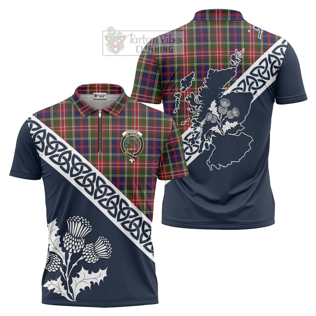 Tartan Vibes Clothing Christie Tartan Zipper Polo Shirt Featuring Thistle and Scotland Map