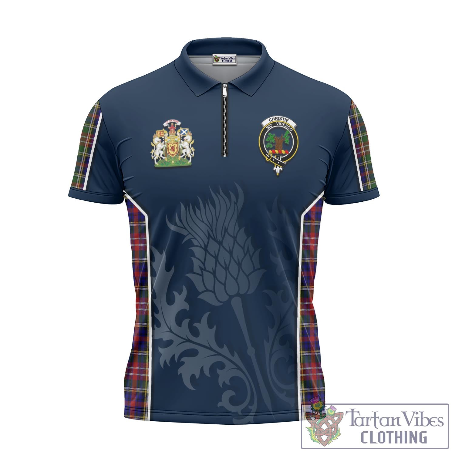 Tartan Vibes Clothing Christie Tartan Zipper Polo Shirt with Family Crest and Scottish Thistle Vibes Sport Style